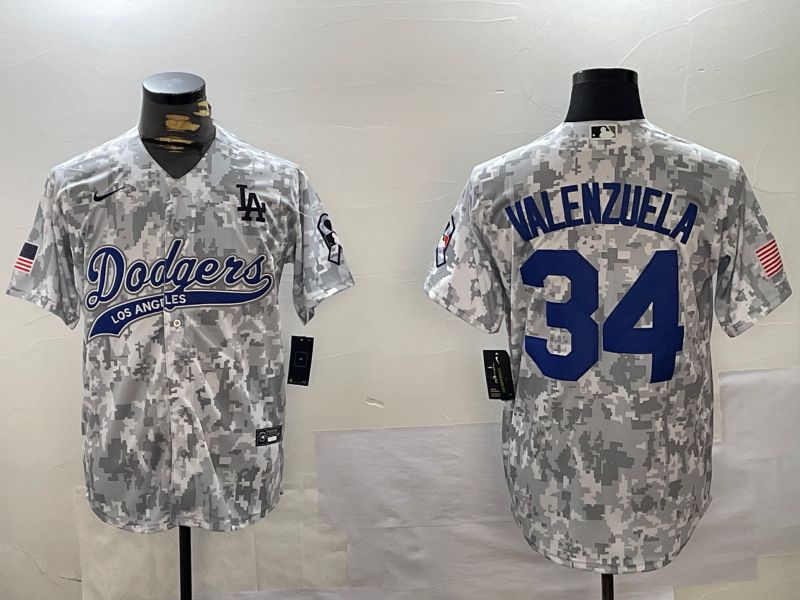 Men Los Angeles Dodgers #34 Valenzuela Camo Joint Name 2024 Nike MLB Jersey style 1
